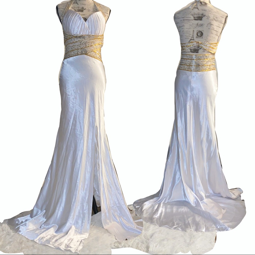 Gorgeous vintage white gold silky halter gown